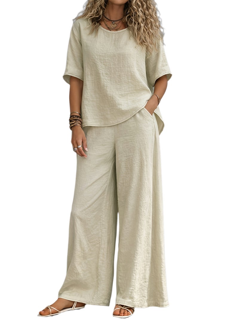 Women's Casual 2pcs Set: Solid Color Loose Short Sleeve Crew Neck Shirt Top + Wide-Leg Long Pants - Image 1