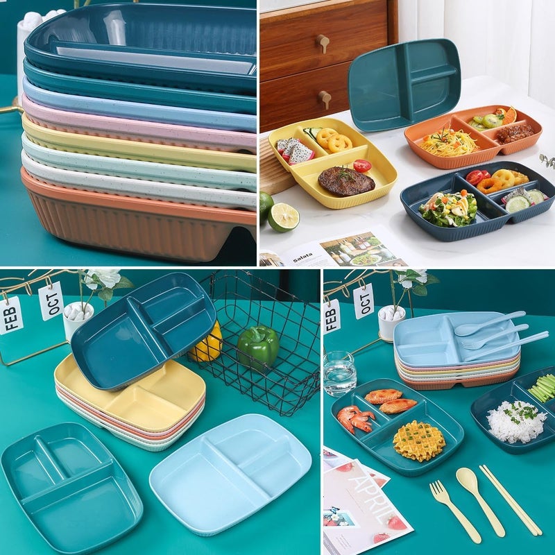 yomith Divided Dinner Plates with 3 Compartment Wheat Straw Unbreakable Portion Control Rectangular Meal Plate Microwave Safe for Daily Use Party Supplies Multicolor 105 inch Pack of 8 - Image 3