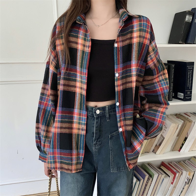 American Retro Long-Sleeved Plaid Shirt Jacket for Women 2025 Summer New Sun Protection Shirt Niche Loose Shirt Top Red plaid - Image 2