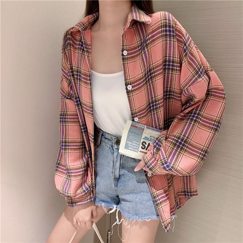 American Retro Long-Sleeved Plaid Shirt Jacket for Women 2025 Summer New Sun Protection Shirt Niche Loose Shirt Top Red plaid - Image 5