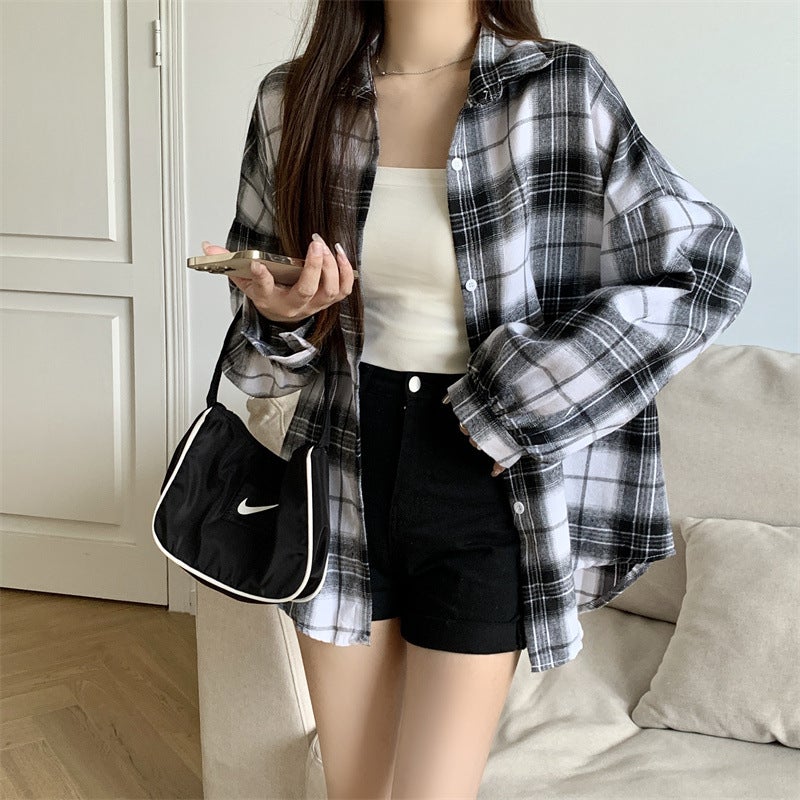 American Retro Long-Sleeved Plaid Shirt Jacket for Women 2025 Summer New Sun Protection Shirt Niche Loose Shirt Top Red plaid - Image 3