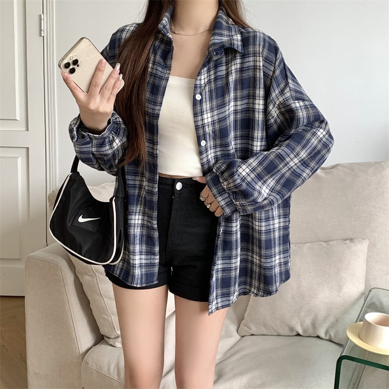 American Retro Long-Sleeved Plaid Shirt Jacket for Women 2025 Summer New Sun Protection Shirt Niche Loose Shirt Top Red plaid - Image 4