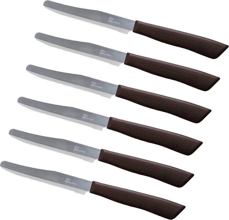 Tredoni 6 kitchen Knives - 4.3"/11cm Italian Stainless Steel Serrated Vegetable/Steak/Table Knife Cutlery, Rounded Tip (Brown) - Image 1