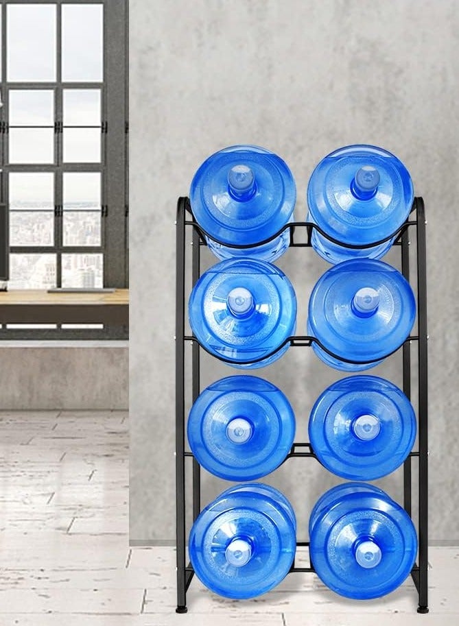 DubaiGallery حامل زجاجات الماء سعة 5 جالون 8 صواني رف زجاجات الماء 4 طبقات رف زجاجات الماء هيكل فولاذي معزز لتخزين الماء حامل زجاجات الماء لـ 10 زجاجات - Image 3