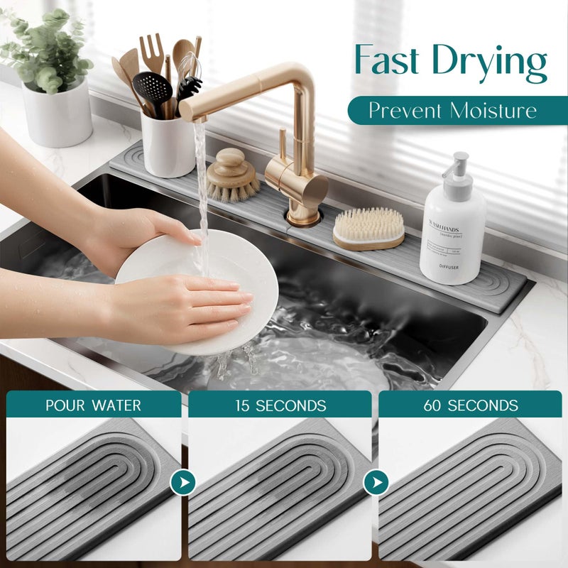 eormoe 30 inch Kitchen Faucet Absorbent Mat - Diatomaceous Earth Splash Guard for Sink Faucet, Aesthetic Water Absorbing Stone Tray in The Modern Home(Grey, 30" x 3.9") - Image 3