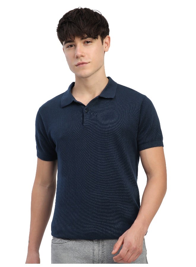 Beyoung Navy Blue Ribbed Collar Flat Knit Polo T-Shirt For Men  - Image 3