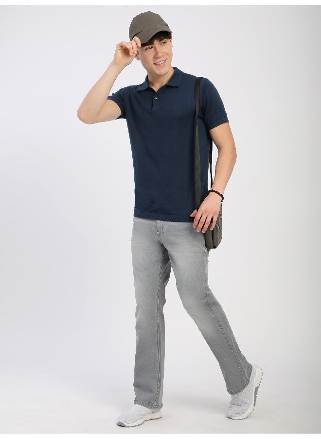 Beyoung Navy Blue Ribbed Collar Flat Knit Polo T-Shirt For Men  - Image 4