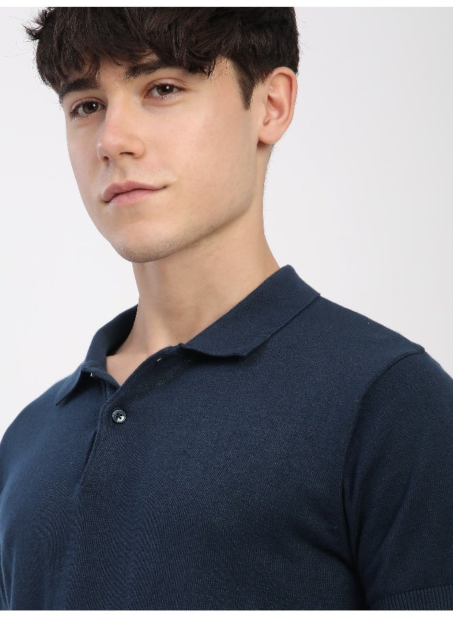 Beyoung Navy Blue Ribbed Collar Flat Knit Polo T-Shirt For Men  - Image 5