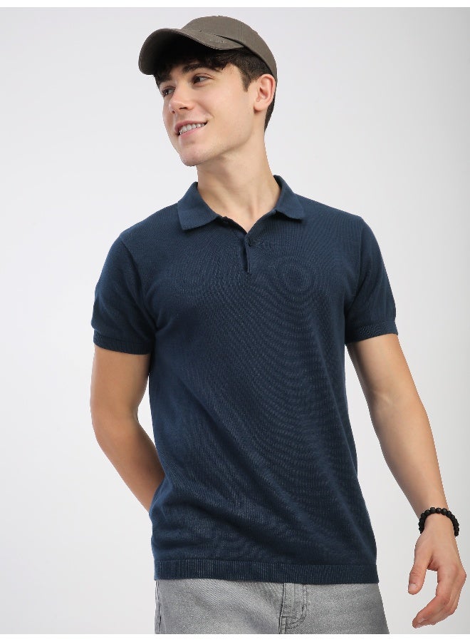 Beyoung Navy Blue Ribbed Collar Flat Knit Polo T-Shirt For Men  - Image 1