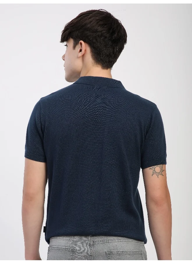 بيونغ Navy Blue Ribbed Collar Flat Knit Polo T-Shirt For Men