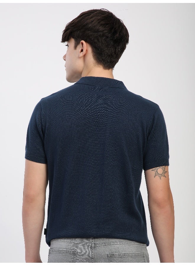 Beyoung Navy Blue Ribbed Collar Flat Knit Polo T-Shirt For Men  - Image 2