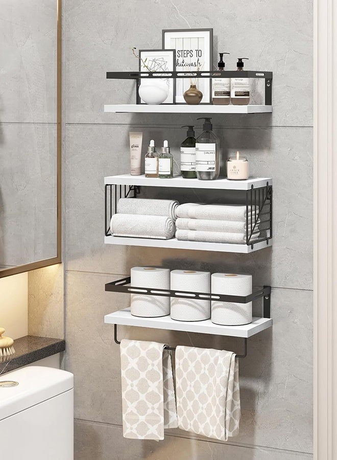 CozyNest 4Pcs Floating Wall Shelves, Solid Wood and Iron Wall-Mounted Storage Racks with Leaf-Shaped Metal Mesh & Towel Bar, Multi-Tier Rustic Natural Wood Design for Bathroom, Kitchen, Bedroom, Laundry & Living Room  - Image 3