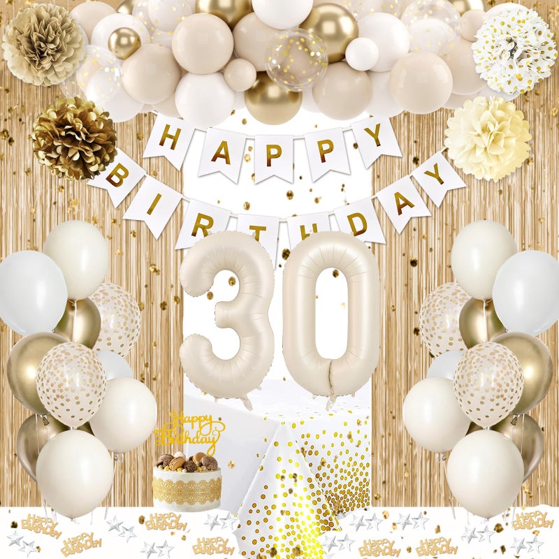 KISPATTI 30th Birthday Decorations for Her Gold Happy 30th Birthday Decorations White and Gold Balloons Happy Birthday Banner Tablecloth Fringe Curtain Cake Topper Paper Pom Poms Talk Thirty to Me Birthday - Image 2