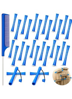 Chuangdi 24 Pieces Hair Perm Rods Cold Wave Rods Plastic Perming Rods Curlers Hair Rollers With Steel Pintail Comb Rat Tail Comb Tools For Hairdressing Styling (0.35 Inches Blue)  - Image 1
