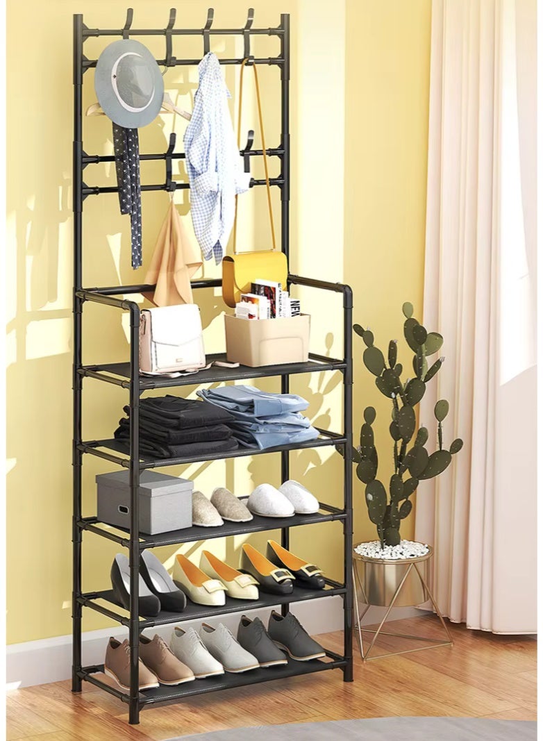 NRK Multi-functional 4-Tier Shoe & Coat Rack Organizer with Double Row Hooks - Heavy Duty Reinforced Steel Frame - Black. - Image 2