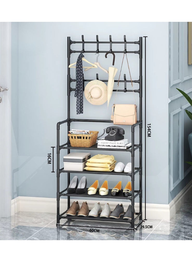 NRK Multi-functional 4-Tier Shoe & Coat Rack Organizer with Double Row Hooks - Heavy Duty Reinforced Steel Frame - Black. - Image 1