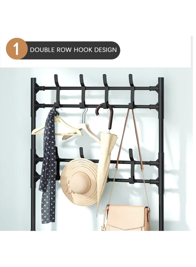 NRK Multi-functional 4-Tier Shoe & Coat Rack Organizer with Double Row Hooks - Heavy Duty Reinforced Steel Frame - Black. - Image 4