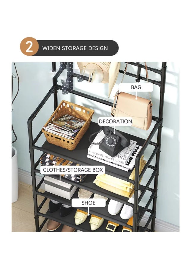 NRK Multi-functional 4-Tier Shoe & Coat Rack Organizer with Double Row Hooks - Heavy Duty Reinforced Steel Frame - Black. - Image 5