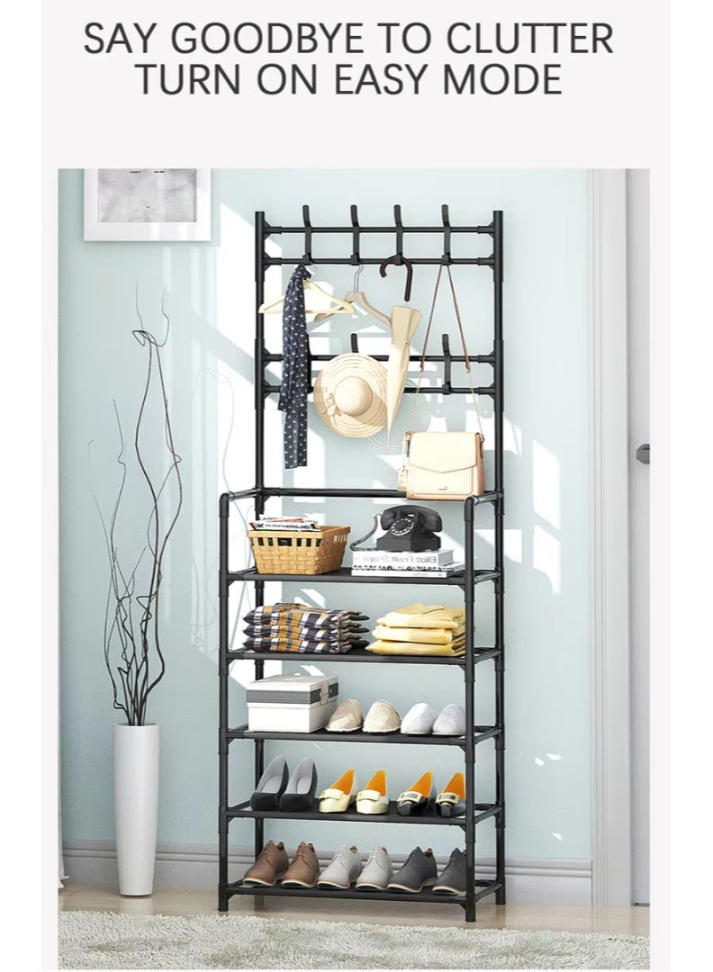 NRK Multi-functional 4-Tier Shoe & Coat Rack Organizer with Double Row Hooks - Heavy Duty Reinforced Steel Frame - Black. - Image 3