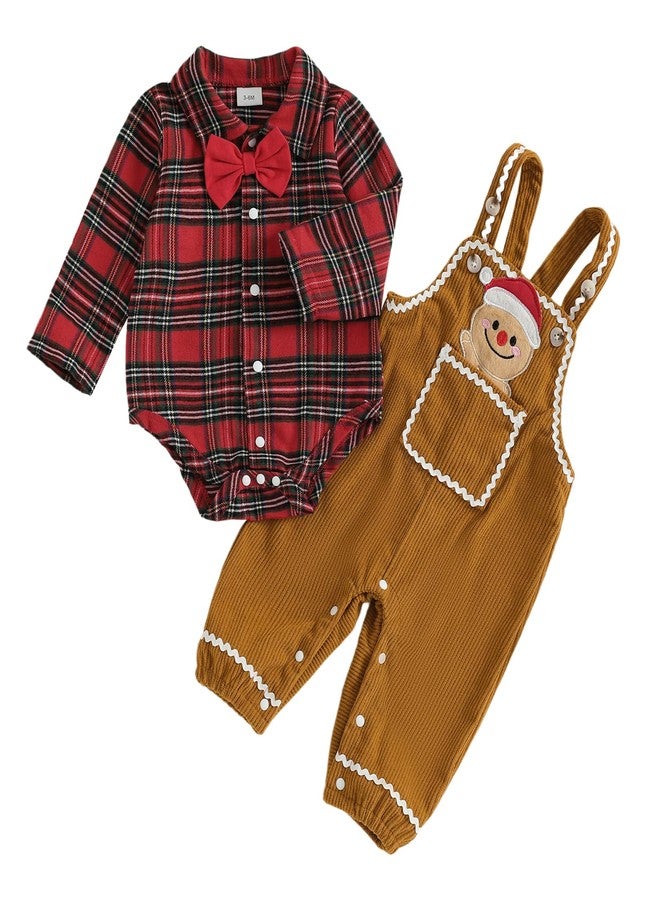 Socutebabe Baby Boy Christmas Outfit Newborn Long Sleeve Button Down Romper Gingerbread Man Pants Overalls Boy Winter Clothes (Red, 0-3 Months) - Image 1