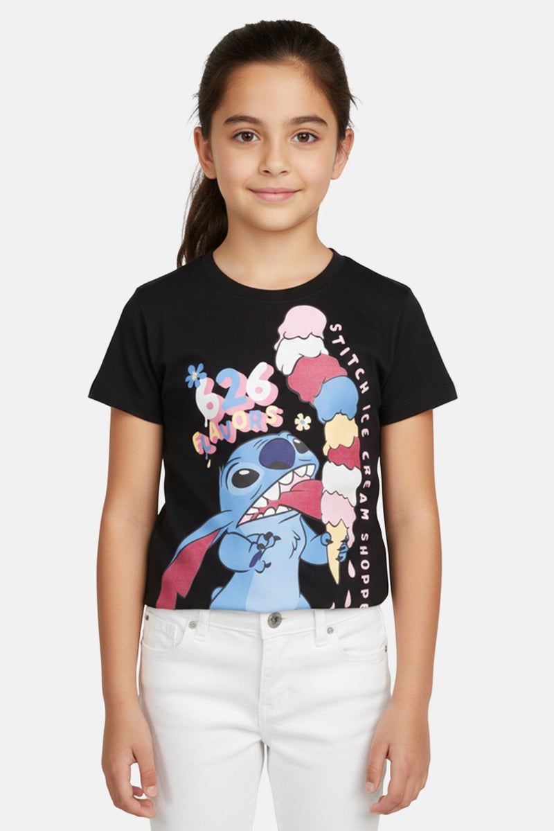 Disney X Lilo And Stitch Kids Girl Graphic Print T-Shirt, Black - Image 1