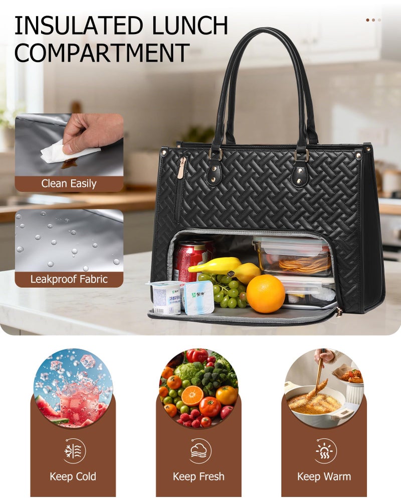 BAVERGE Lunch Tote Bag for Women, Vegan Leather 15.6â€ Laptop Bag with Insulated Compartment Quilted Purse for Work Teacher Nurse - Image 4