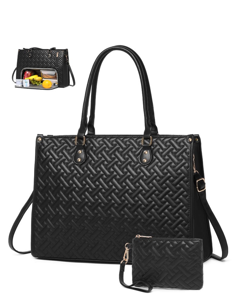 BAVERGE Lunch Tote Bag for Women, Vegan Leather 15.6â€ Laptop Bag with Insulated Compartment Quilted Purse for Work Teacher Nurse - Image 1
