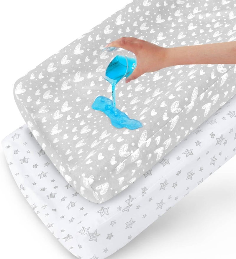Biloban Waterproof Changing Pad Cover 2 Pack, 100% Organic Cotton Change Table Cover Sheets, Ultra Soft, Unisex White Grey Star Print - Image 1
