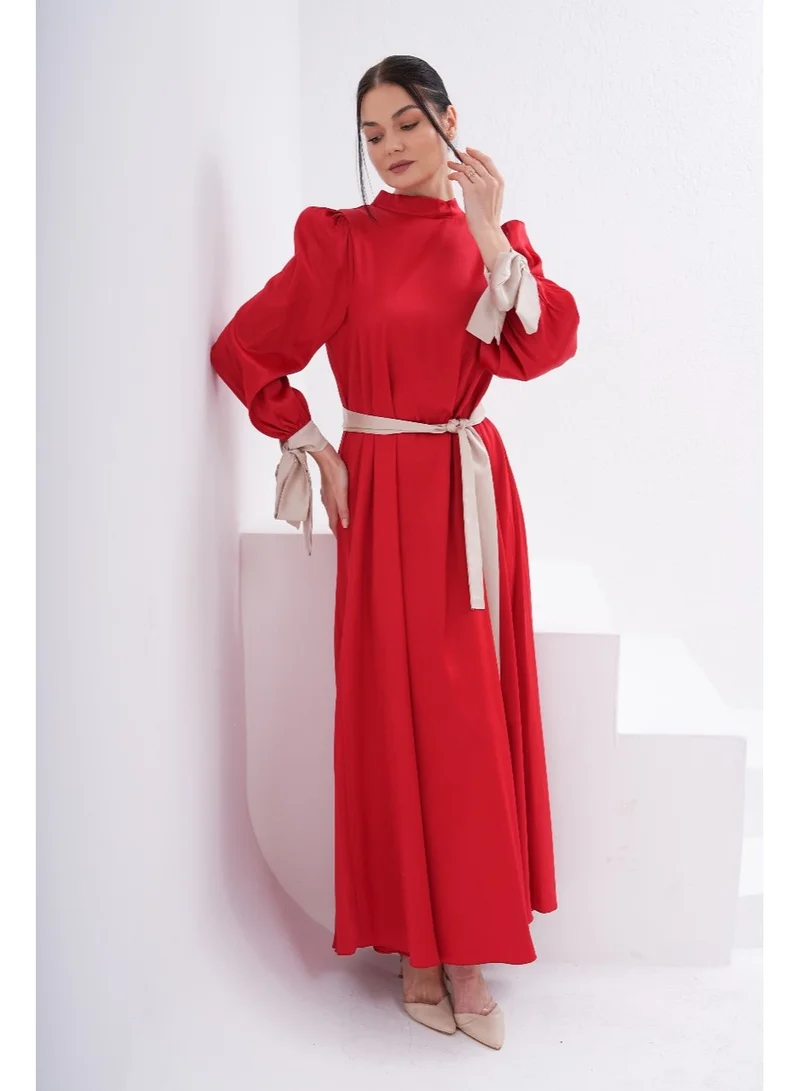 مارفيلا باي رشا فستان أنيق بياقة عالية وحزام وأكمام منفوشة