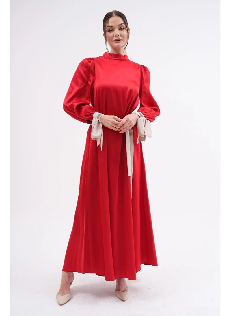 مارفيلا باي رشا فستان أنيق بياقة عالية وحزام وأكمام منفوشة