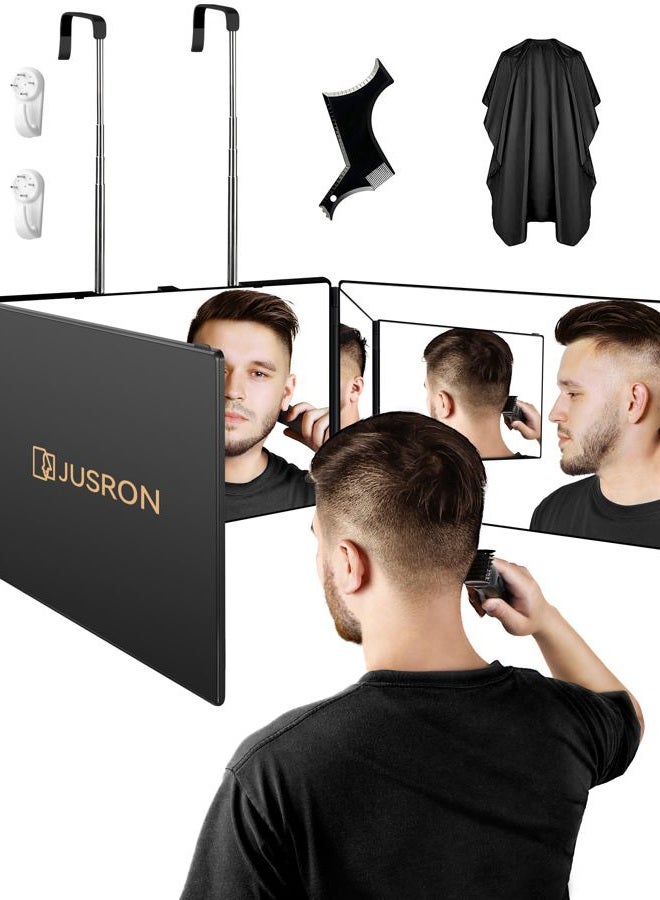 JUSRON 3 Way Mirror for Hair Cutting, 360 Mirror with Height Adjustable Hooks for Door, Bathroom, Portable Trifold Shaving Barber Mirror for Makeup, Cut, Trim, Shave Gift (Black Without LED) - Image 1