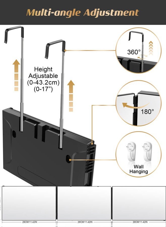JUSRON 3 Way Mirror for Hair Cutting, 360 Mirror with Height Adjustable Hooks for Door, Bathroom, Portable Trifold Shaving Barber Mirror for Makeup, Cut, Trim, Shave Gift (Black Without LED) - Image 2