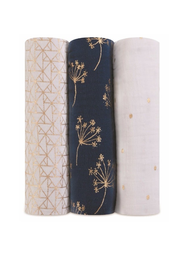 aden + anais Pack of 3 Metallic Detail Blanket, Large 100% Breathable Muslin Cotton Swaddle Wrap Set For Baby Girls And Boys, Gold Geometric And Royal Blue Design S, Newborn And Infant Sleep Essentials - Image 4
