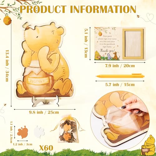 Z1juce Winnie Guest Book Alternative Ideas Baby Gender Reveal Party with 60 Bee Wood Slices to DIY Meaningful Guestbook Keepsake Guest Book with Baby Sonogram Photo Frame for Baby Shower Decoration - Image 3