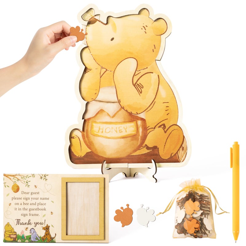 Z1juce Winnie Guest Book Alternative Ideas Baby Gender Reveal Party with 60 Bee Wood Slices to DIY Meaningful Guestbook Keepsake Guest Book with Baby Sonogram Photo Frame for Baby Shower Decoration - Image 2