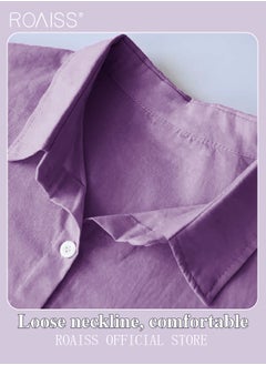 roaiss Ladies 2 Piece Set New Trend Fashion Classic Solid Color Cotton Linen Shirt Suit Summer Spring Plus Size Clothes for Women Breathable and Cool Long-Sleeve Lapel Shirt Loose Pants Purple  - Image 5