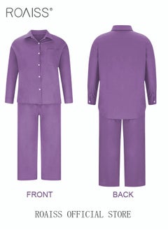 roaiss Ladies 2 Piece Set New Trend Fashion Classic Solid Color Cotton Linen Shirt Suit Summer Spring Plus Size Clothes for Women Breathable and Cool Long-Sleeve Lapel Shirt Loose Pants Purple  - Image 4