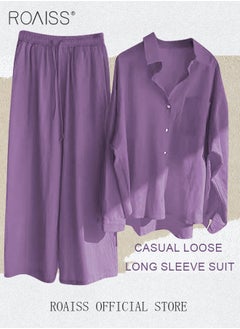 roaiss Ladies 2 Piece Set New Trend Fashion Classic Solid Color Cotton Linen Shirt Suit Summer Spring Plus Size Clothes for Women Breathable and Cool Long-Sleeve Lapel Shirt Loose Pants Purple  - Image 3