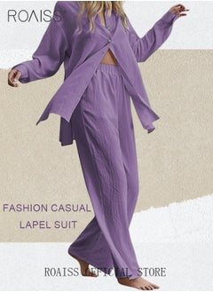 roaiss Ladies 2 Piece Set New Trend Fashion Classic Solid Color Cotton Linen Shirt Suit Summer Spring Plus Size Clothes for Women Breathable and Cool Long-Sleeve Lapel Shirt Loose Pants Purple  - Image 2