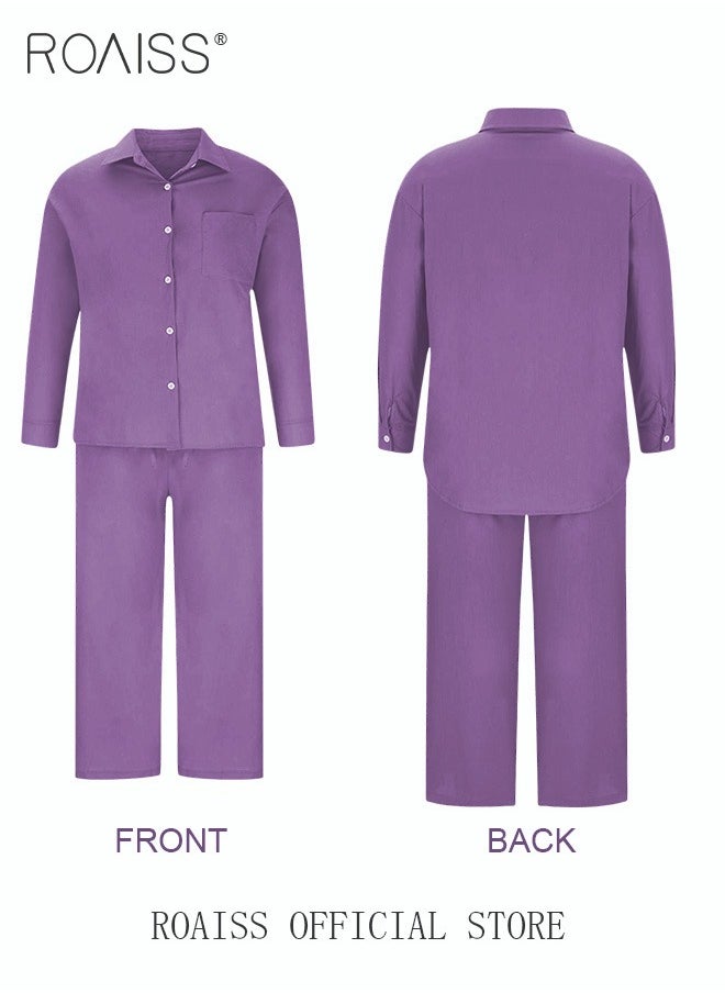 roaiss - Ladies 2 Piece Set New Trend Fashion Classic Solid Color Cotton Linen Shirt Suit Summer Spring Plus Size Clothes for Women Breathable and Cool Long-Sleeve Lapel Shirt Loose Pants Purple - Image 1