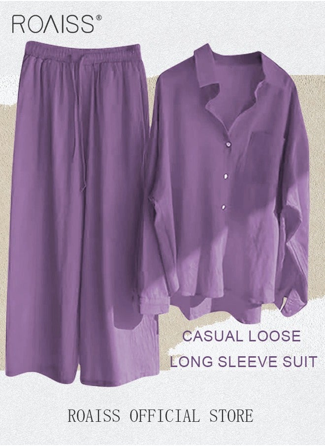 roaiss - Ladies 2 Piece Set New Trend Fashion Classic Solid Color Cotton Linen Shirt Suit Summer Spring Plus Size Clothes for Women Breathable and Cool Long-Sleeve Lapel Shirt Loose Pants Purple - Image 1