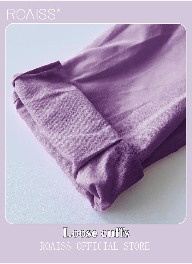 roaiss - Ladies 2 Piece Set New Trend Fashion Classic Solid Color Cotton Linen Shirt Suit Summer Spring Plus Size Clothes for Women Breathable and Cool Long-Sleeve Lapel Shirt Loose Pants Purple - Image 1