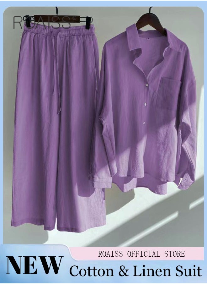 roaiss - Ladies 2 Piece Set New Trend Fashion Classic Solid Color Cotton Linen Shirt Suit Summer Spring Plus Size Clothes for Women Breathable and Cool Long-Sleeve Lapel Shirt Loose Pants Purple - Image 1