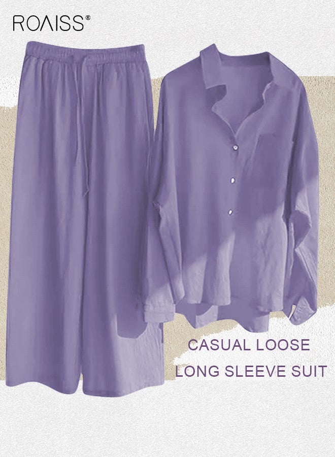 roaiss Ladies 2 Piece Set New Trend Fashion Classic Solid Color Women's Cotton Linen Shirt Suit Summer Spring Plus Size Clothes for Women Breathable and Cool Long-Sleeve Lapel Shirt Loose Pants Purple - Image 3
