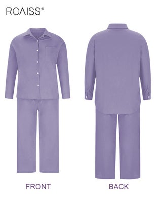 Ladies 2 Piece Set New Trend Fashion Classic Solid Color Women's Cotton Linen Shirt Suit Summer Spring Plus Size Clothes for Women Breathable and Cool Long-Sleeve Lapel Shirt Loose Pants Purple - view 4