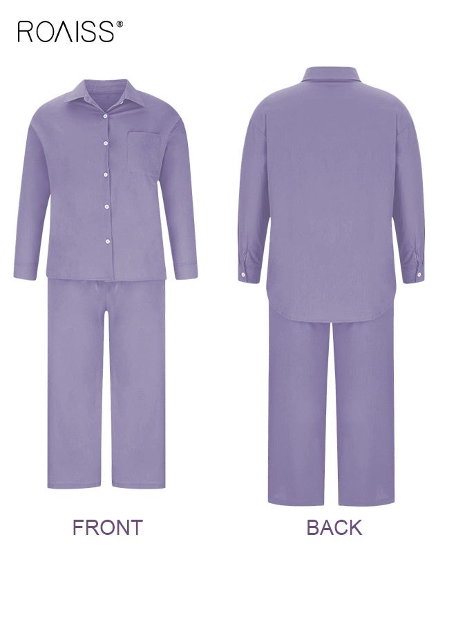 roaiss Ladies 2 Piece Set New Trend Fashion Classic Solid Color Women's Cotton Linen Shirt Suit Summer Spring Plus Size Clothes for Women Breathable and Cool Long-Sleeve Lapel Shirt Loose Pants Purple - Image 4