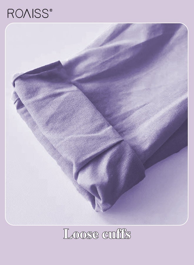 roaiss Ladies 2 Piece Set New Trend Fashion Classic Solid Color Women's Cotton Linen Shirt Suit Summer Spring Plus Size Clothes for Women Breathable and Cool Long-Sleeve Lapel Shirt Loose Pants Purple - Image 5