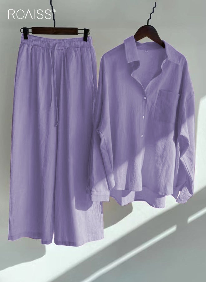 roaiss Ladies 2 Piece Set New Trend Fashion Classic Solid Color Women's Cotton Linen Shirt Suit Summer Spring Plus Size Clothes for Women Breathable and Cool Long-Sleeve Lapel Shirt Loose Pants Purple - Image 2