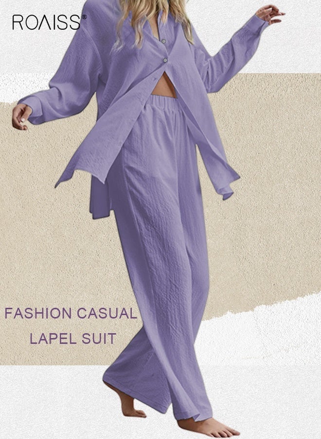roaiss Ladies 2 Piece Set New Trend Fashion Classic Solid Color Women's Cotton Linen Shirt Suit Summer Spring Plus Size Clothes for Women Breathable and Cool Long-Sleeve Lapel Shirt Loose Pants Purple - Image 1