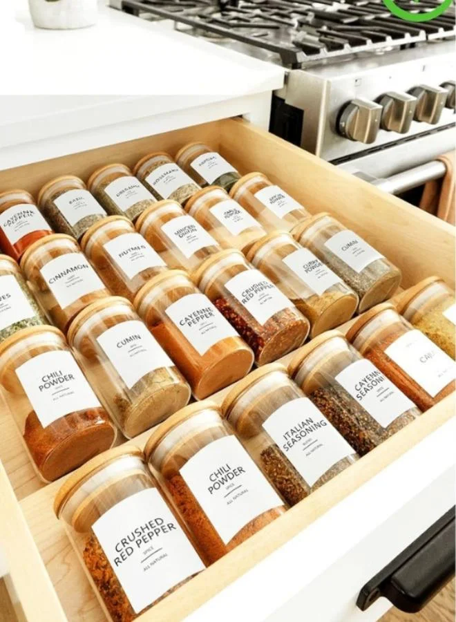 QUESERA Quesera Glass Spice Jars with Bamboo Airtight Lids and 114 Preprinted Labels - 300ml- set of 12 pcs